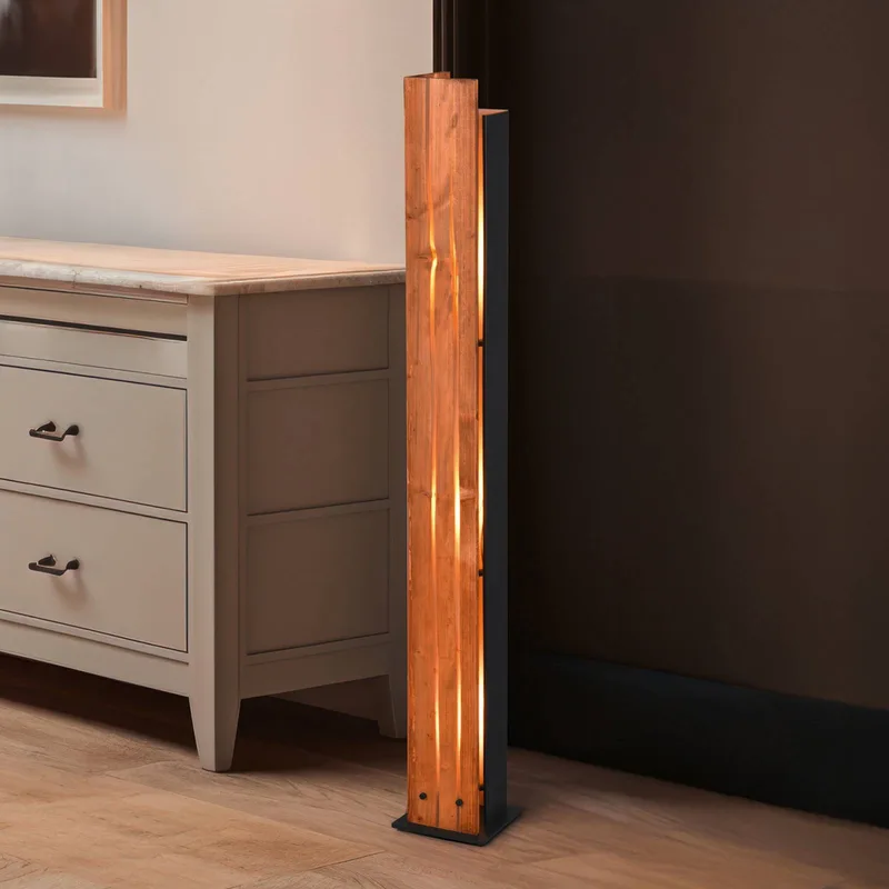 Vloerlamp Karuni, hout, metaal, lichtbruin, zwart de Trio en Licht hout, Noir – photo produit