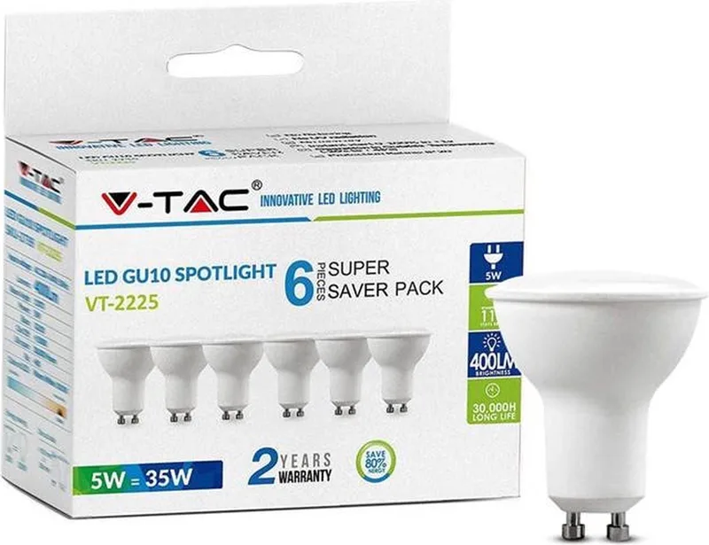 VT-2225 6-pack LED spotjes - GU10 - 5W - 400 Lm - 3000K de V-TAC – photo produit