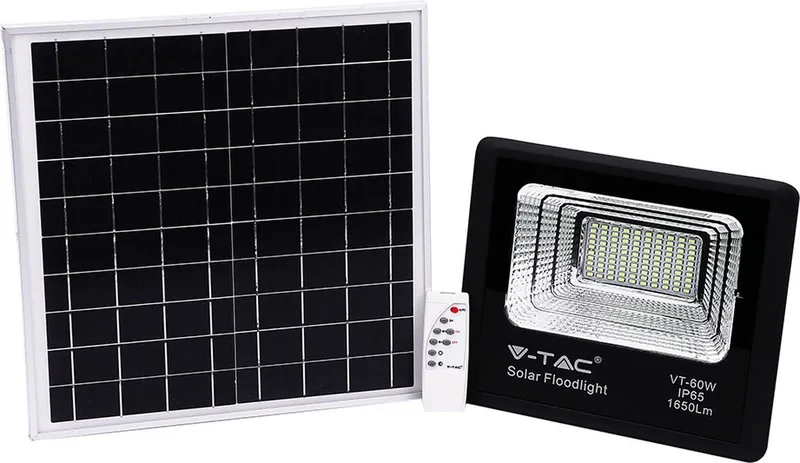 VT-60W Solar Schijnwerper - IP65 Waterdicht - 20W - 1650 Lumen - 4000K de V-TAC en Noir – photo produit
