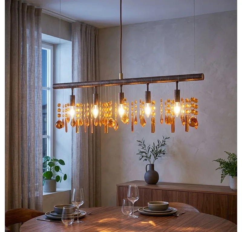 LED-Hängeleuchte, Leuchtmittel nicht inklusive, Hänge Leuchte Kristall Decken Lampe Bernstein Pendel Ess Zimmer de Wofi en Marron – photo produit