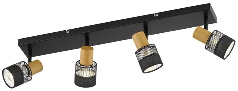 Plafondlamp 4 vlammen woonkamerlamp spot beweegbaar hout look, ijzer staal 4x E14, LxBxH 65x8x17 cm, Wofi 11652 de Wofi en Noir – photo produit