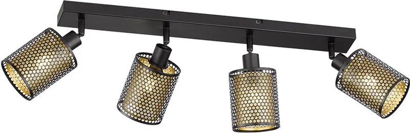 Plafondspot Woonkamerlamp, 4-lichts, rasterdesign, beweegbare spots, staal, zwartgoud, 4x E14 stopcontacten, LxBxH 64x10x18 cm de Wofi en Noir – photo produit