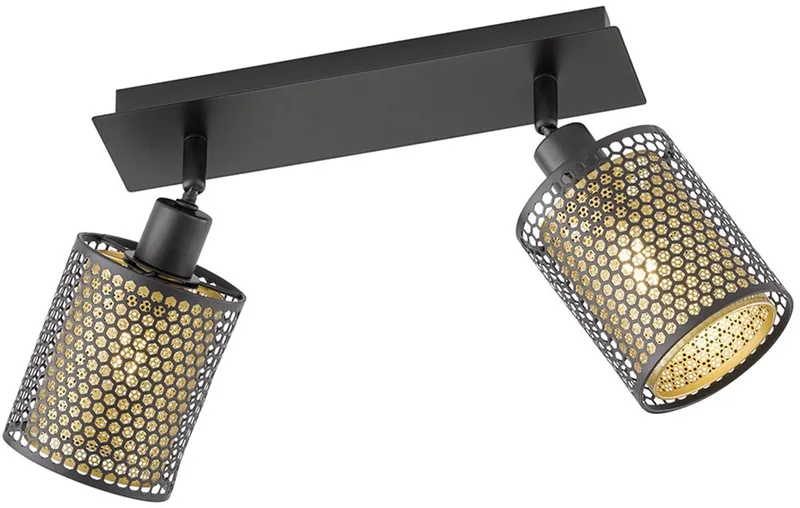 Spotlight goud 2 vlam plafondlamp draaibaar 2 spots vintage, ijzer staal, rooster optiek, 2x E14 stopcontacten, LxBxH 30x10x21 cm, Wofi 12108 de Wofi en Noir – photo produit