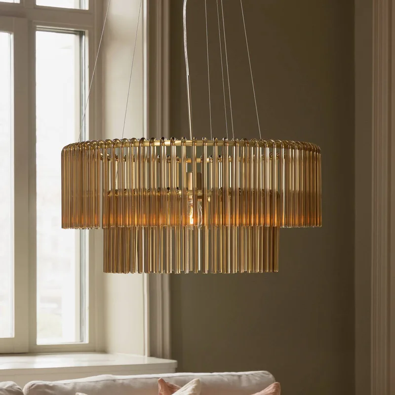 hanglamp HOOK 60, glas, cognac by Globen Lighting in Cognac, Geborsteld messing – product photo 1 of 3