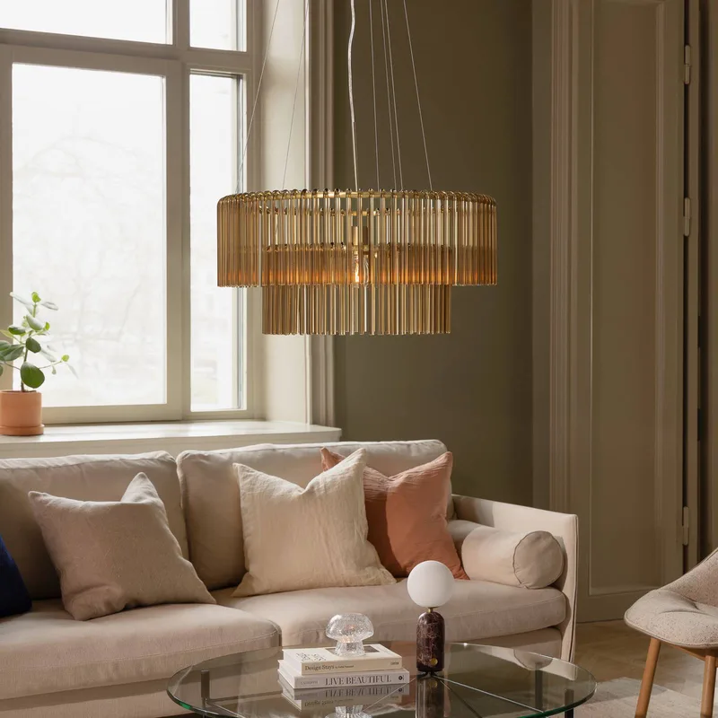 hanglamp HOOK 60, glas, cognac by Globen Lighting in Cognac, Geborsteld messing – product photo 2 of 3