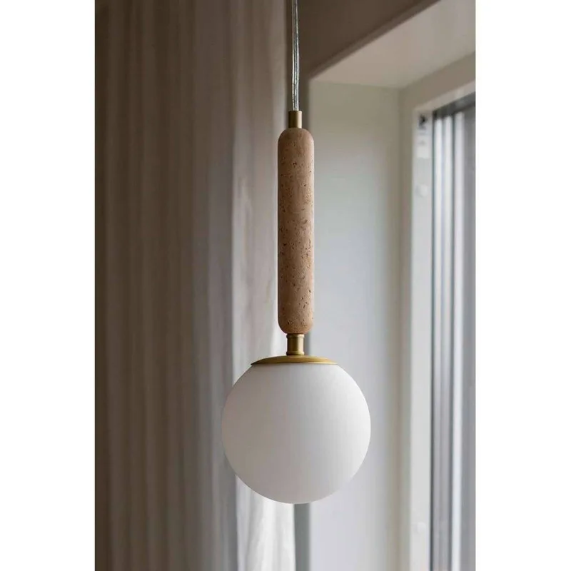 hanglamp Torrano Ø 15 cm travertijn van Globen Lighting in Beige, Wit, Geborsteld messing – productfoto 2 van 2