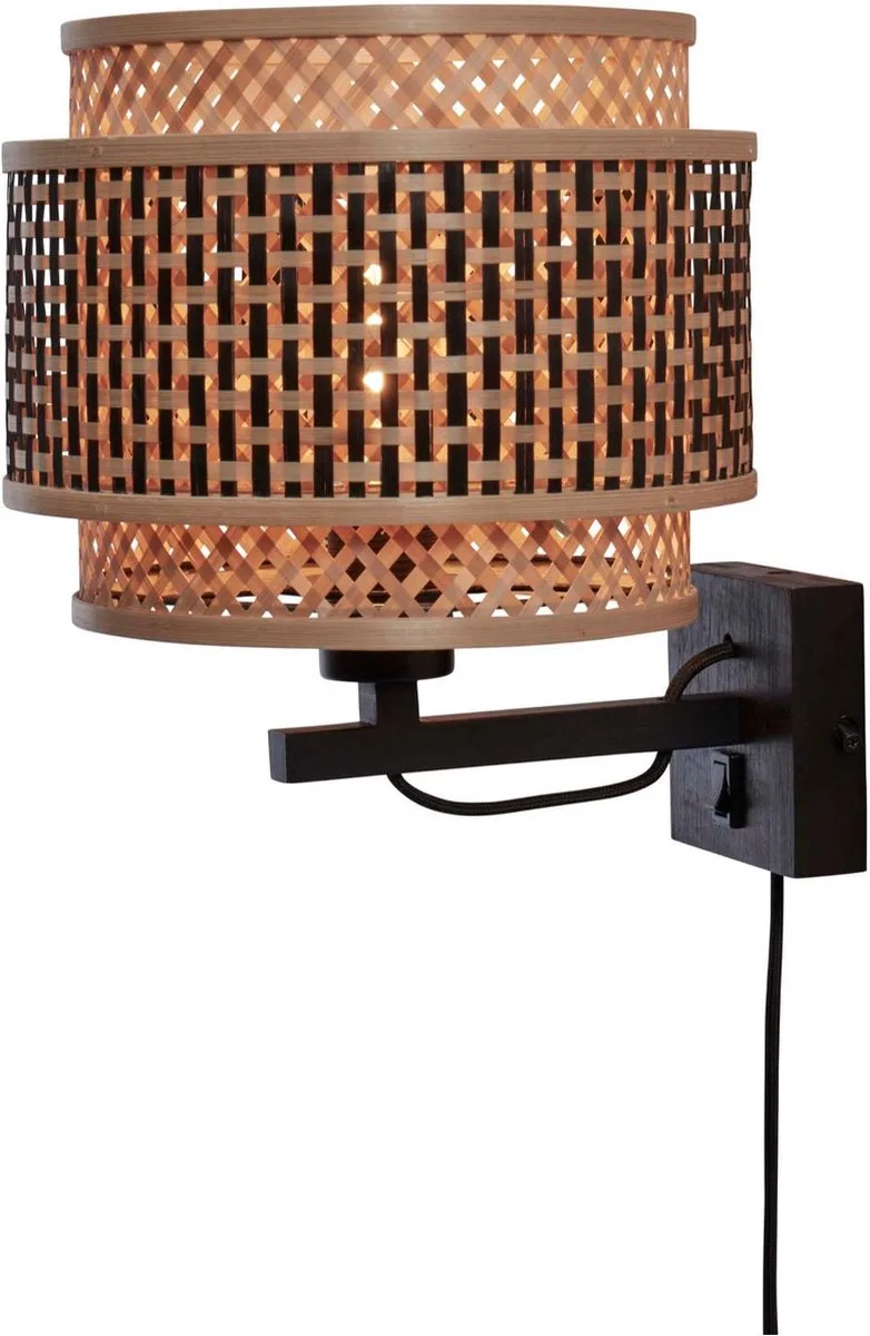 Wandlamp Bhutan - Bamboe/Zwart - Ø25cm - Binnen Bohemian by Good&Mojo in Brown – product photo