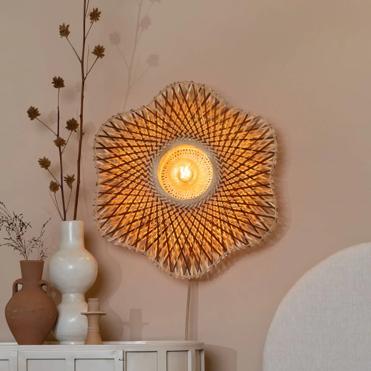 wandlamp Madura, Ø 60 cm, naturel/bruin, stekker de Good&Mojo en Licht hout, Marron – photo produit