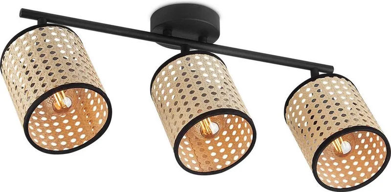 Landelijke LED Opbouwspot Rotan - 48/10/22cm - 3 lichts plafondspot - Dimbaar - inclusief LED lichtbron - E14 fitting by Home Sweet Home in Black – product photo