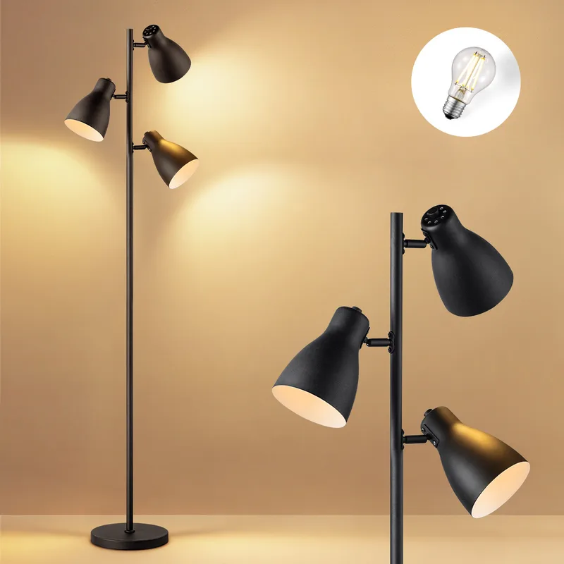 Moderne vloerlamp Zwart - 38.5/38.5/166.5cm - 3 lichts staande lamp - geschikt voor E27 LED lichtbron - met voetschakelaar - geschikt voor woonkamer, slaapkamer, thuiskantoor de Home Sweet Home – photo produit
