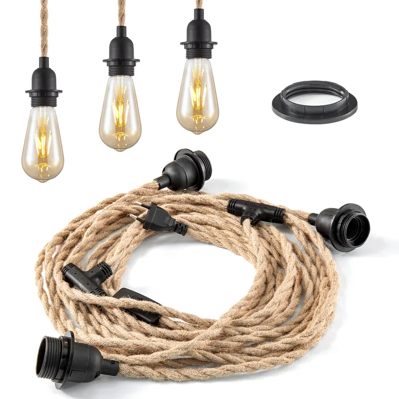 Vintage Hanglamp kit - 3-licht Linen Hanglamp met schakelaar 750 cm - Geschikt voor woonkamers en landhuizen - DIY kabel set met 3 x E27 lampfittingen - Geschikt voor lampenkappen by Home Sweet Home – product photo